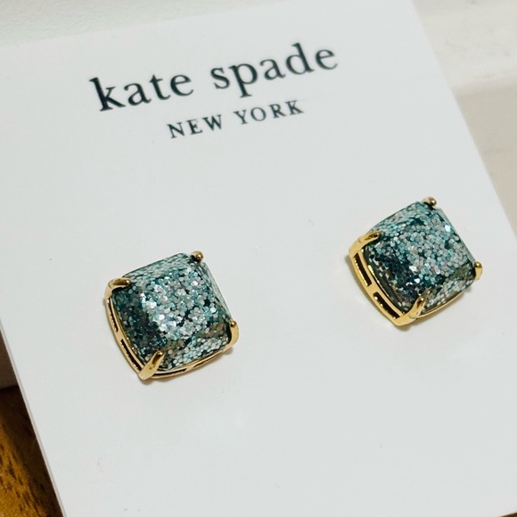 KATE SPADE NEW YORK ♠️ LIGHT BLUE & GRAY GLITTER SQUARE EARRINGS - Picture 5 of 7